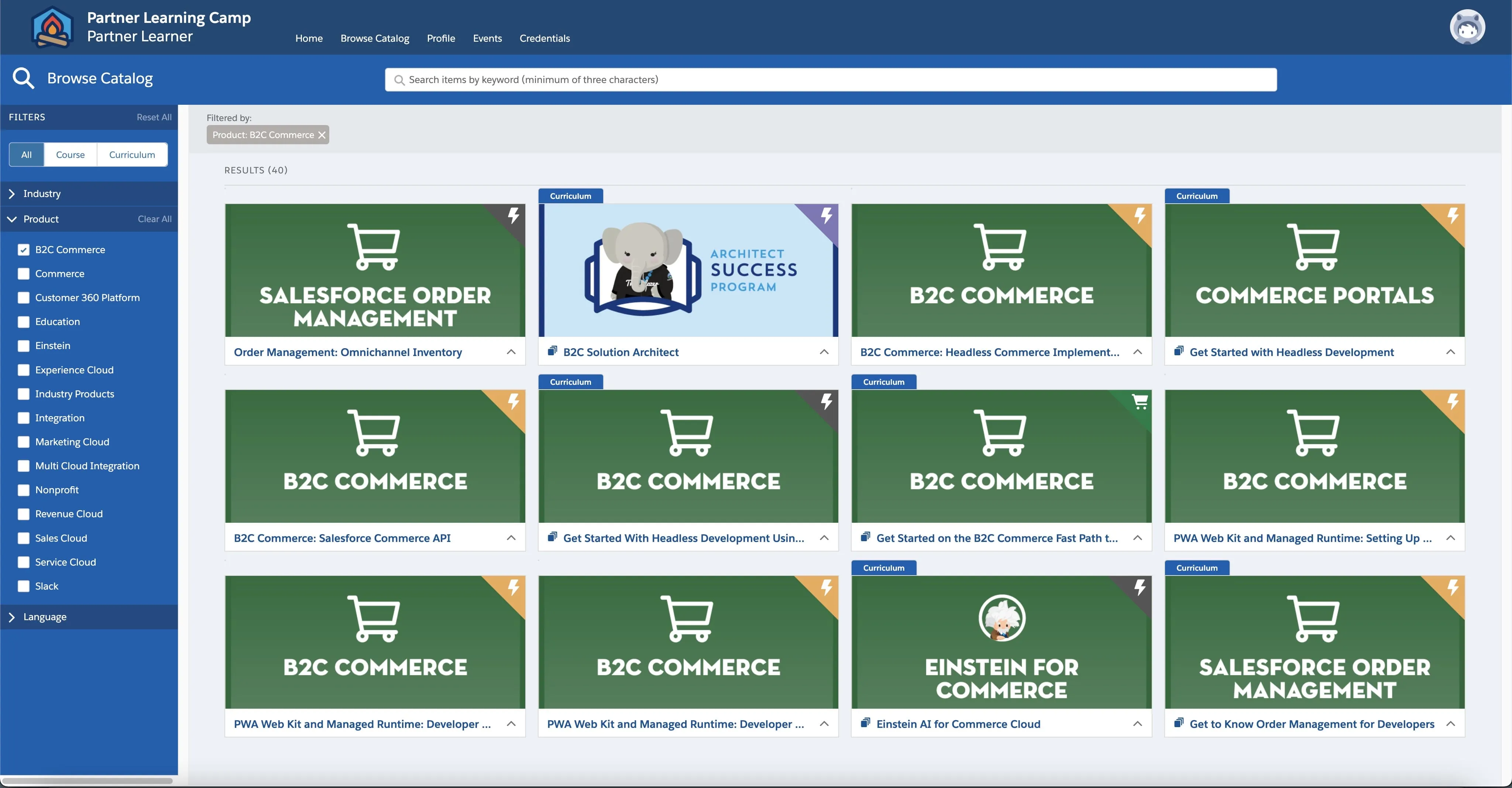 Official Salesforce Partner Learning Camp filtered on "B2C Commerce" product
