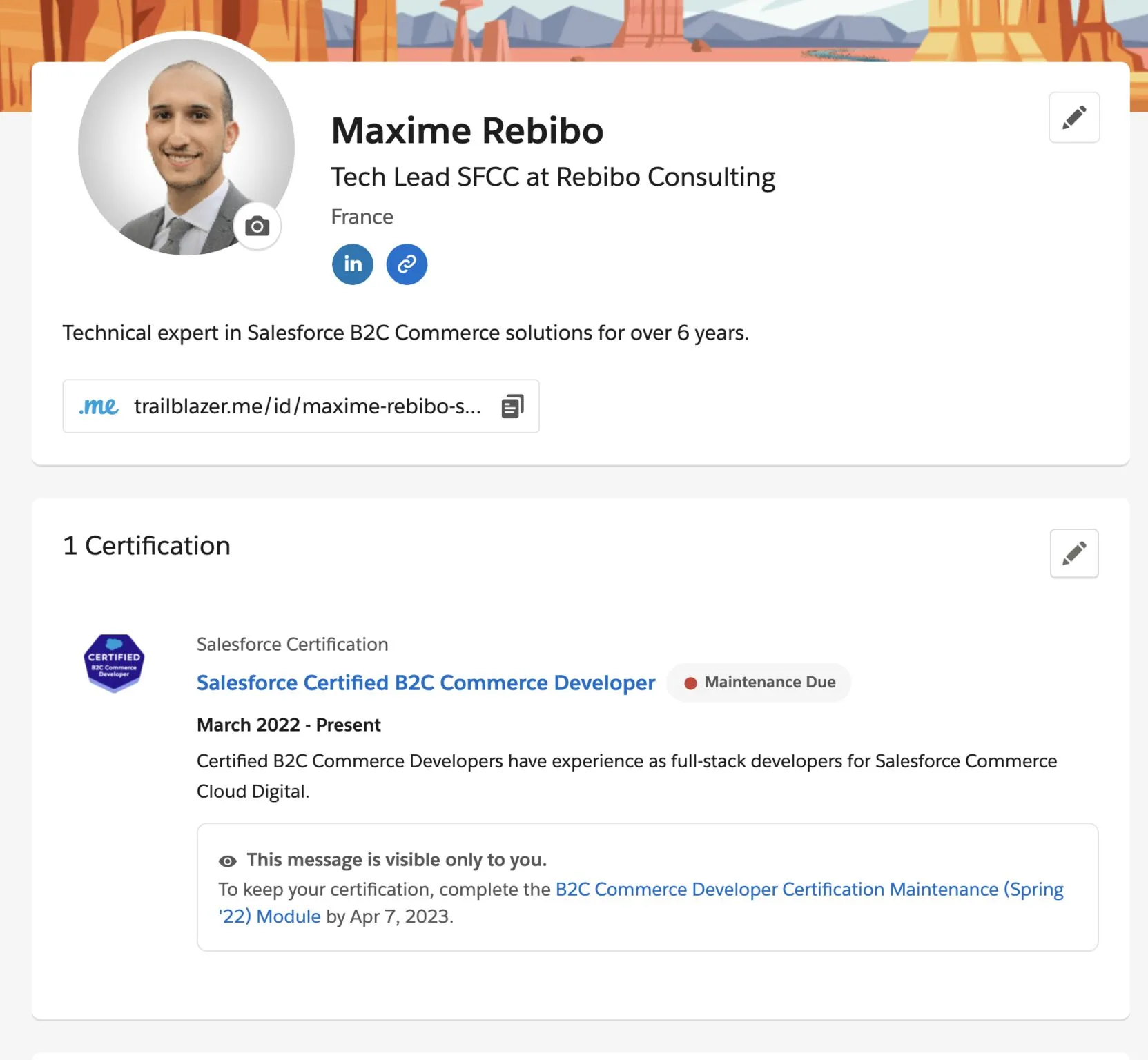 Trailblazer profile with "Maintenance Due" message for B2C Commerce Developer certification